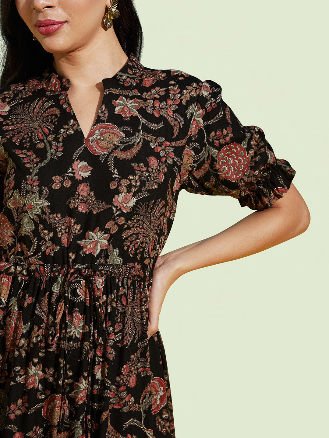 FLOWERVELLY Floral Printed Puff Sleeve Fit & Flare Dress
