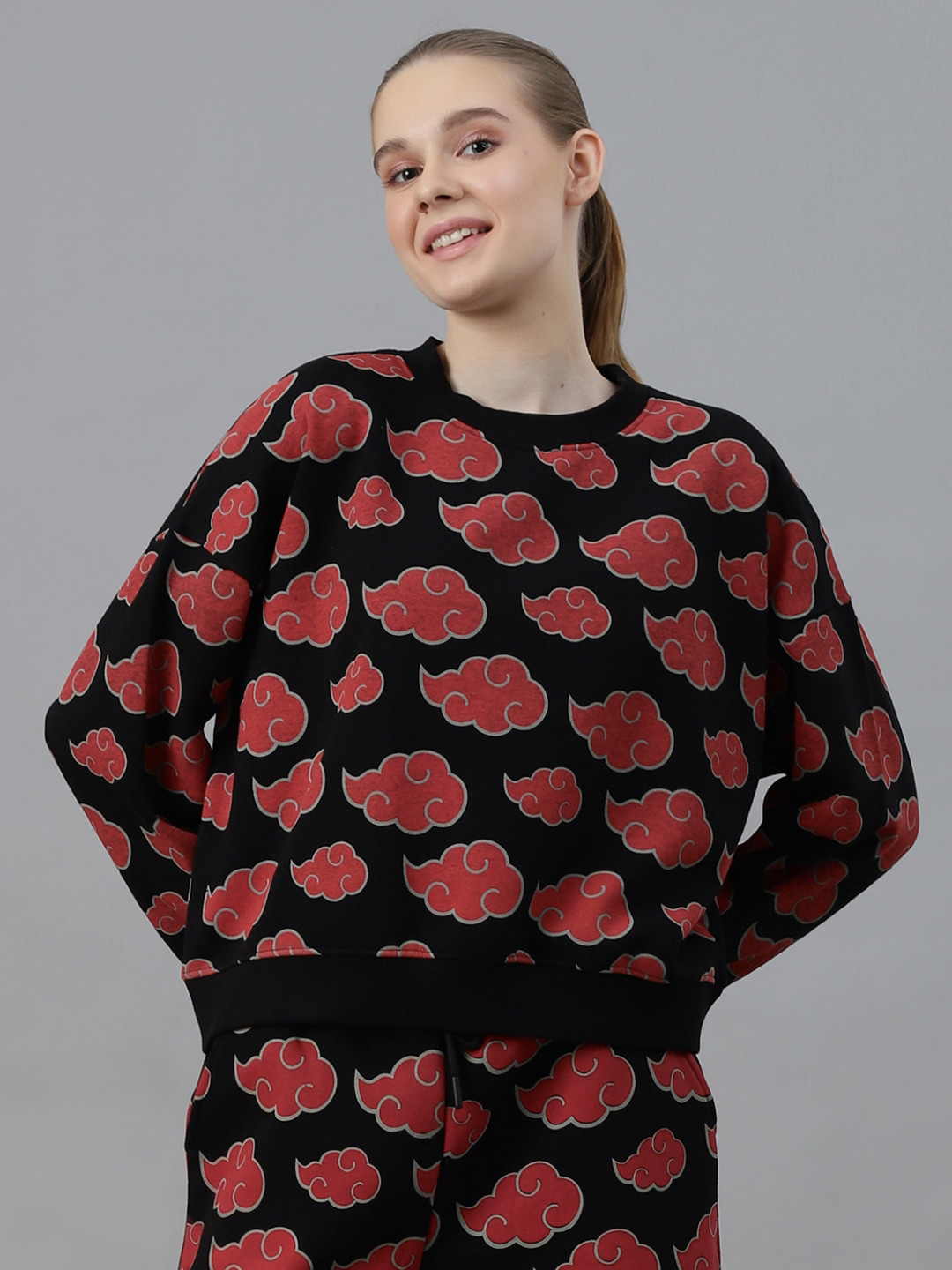 Free Authority Women Naruto Printed Cotton Long Sleeves Round Neck Oversized Sweatshirt