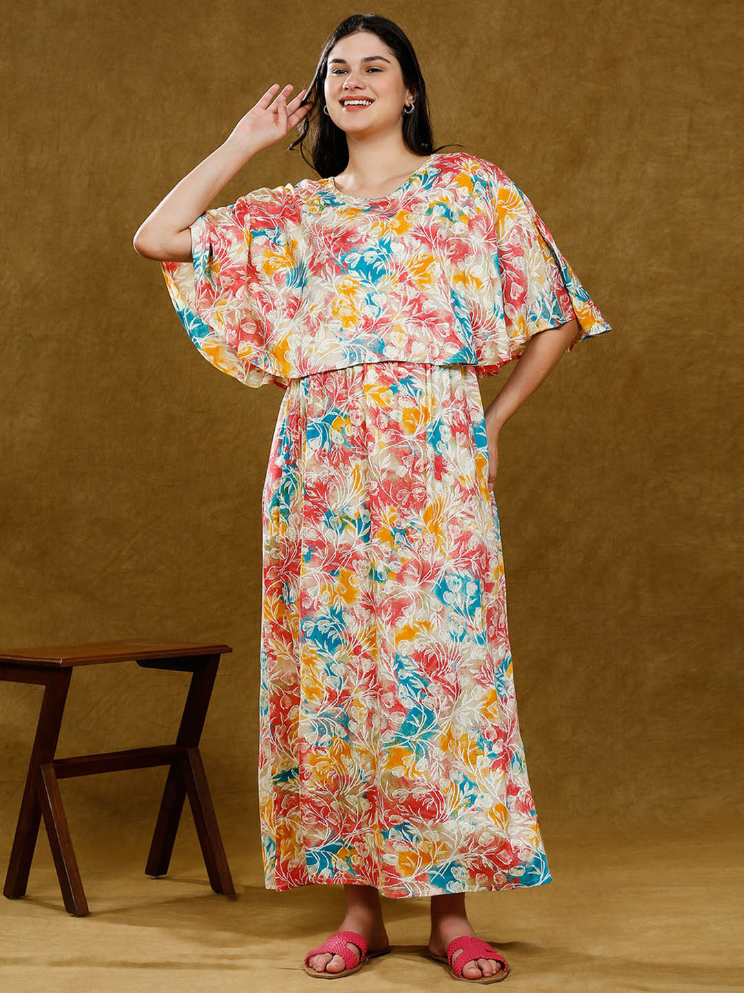 DUMMY SHAPE Floral Print Cape Sleeve Maternity Maxi Dress