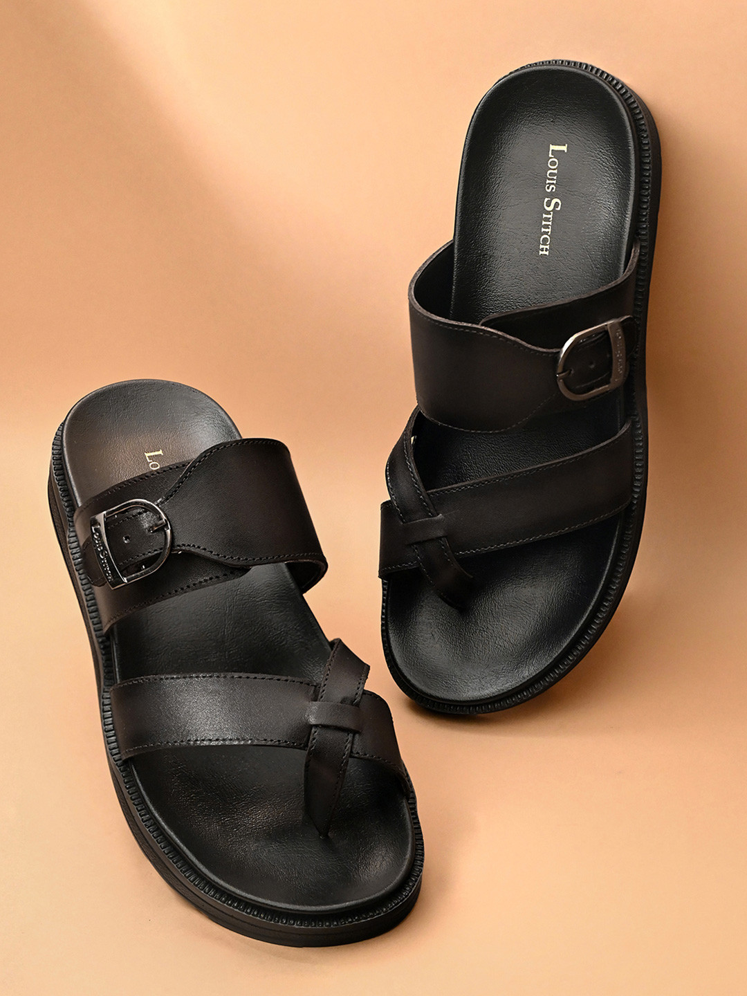 LOUIS STITCH Jet Black Toe Ring  Lightweight Leather Sandal with Adjustable Buckle