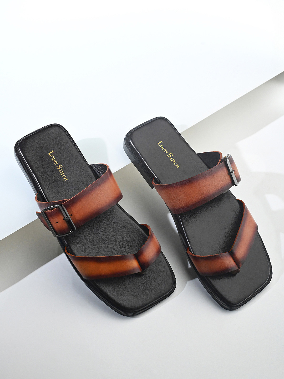 LOUIS STITCH Tan Open Toe Lightweight T-Strap Leather Sandal with Adjustable Buckle Strap