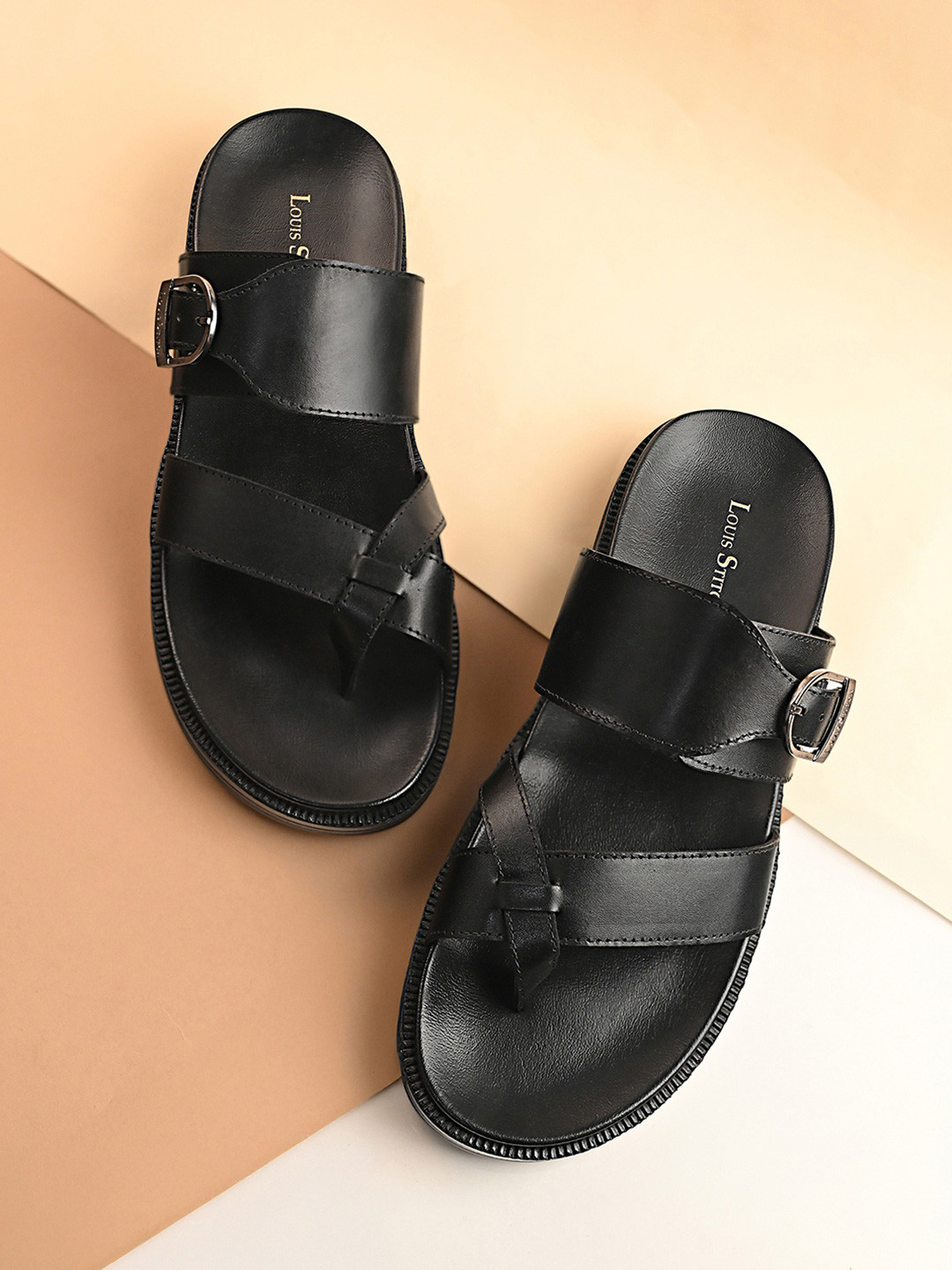 LOUIS STITCH Jet Black Toe Ring  Lightweight Leather Sandal with Adjustable Buckle