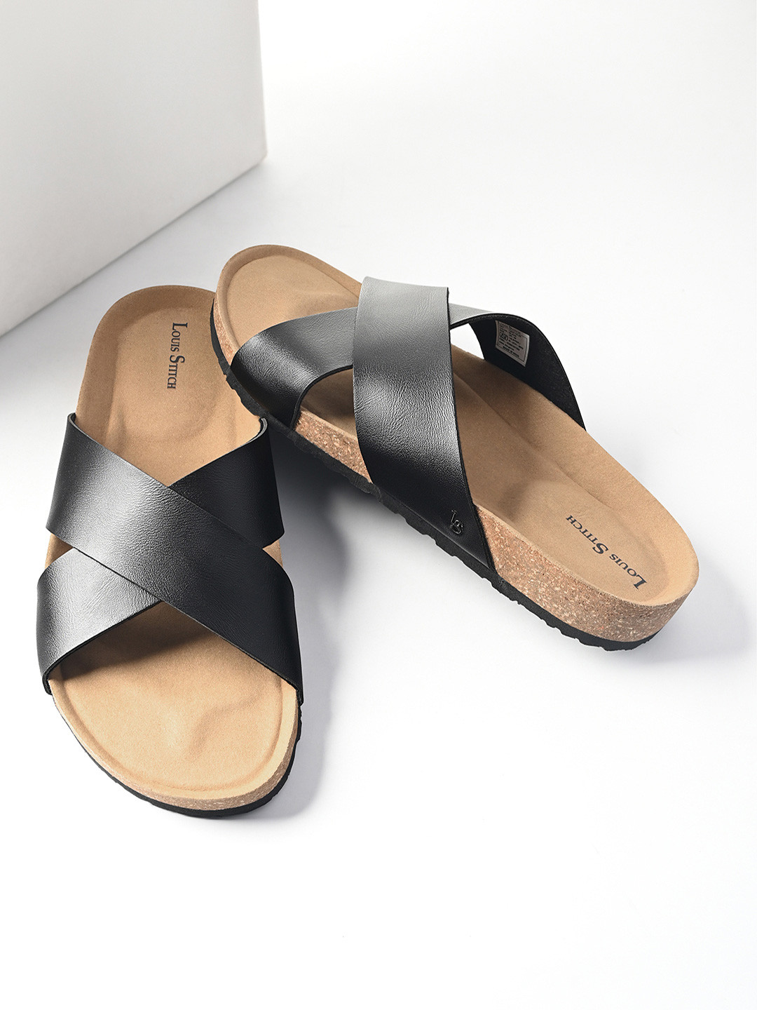 LOUIS STITCH Men Black Lightweight Cross Strap Casual Slip-on Cork Sandals