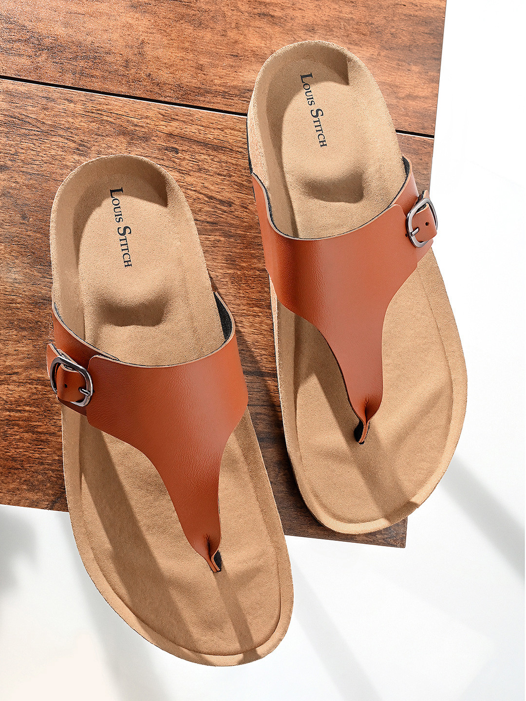 LOUIS STITCH Men Tan Open Toe Lightweight Thong Style Cork Sandals