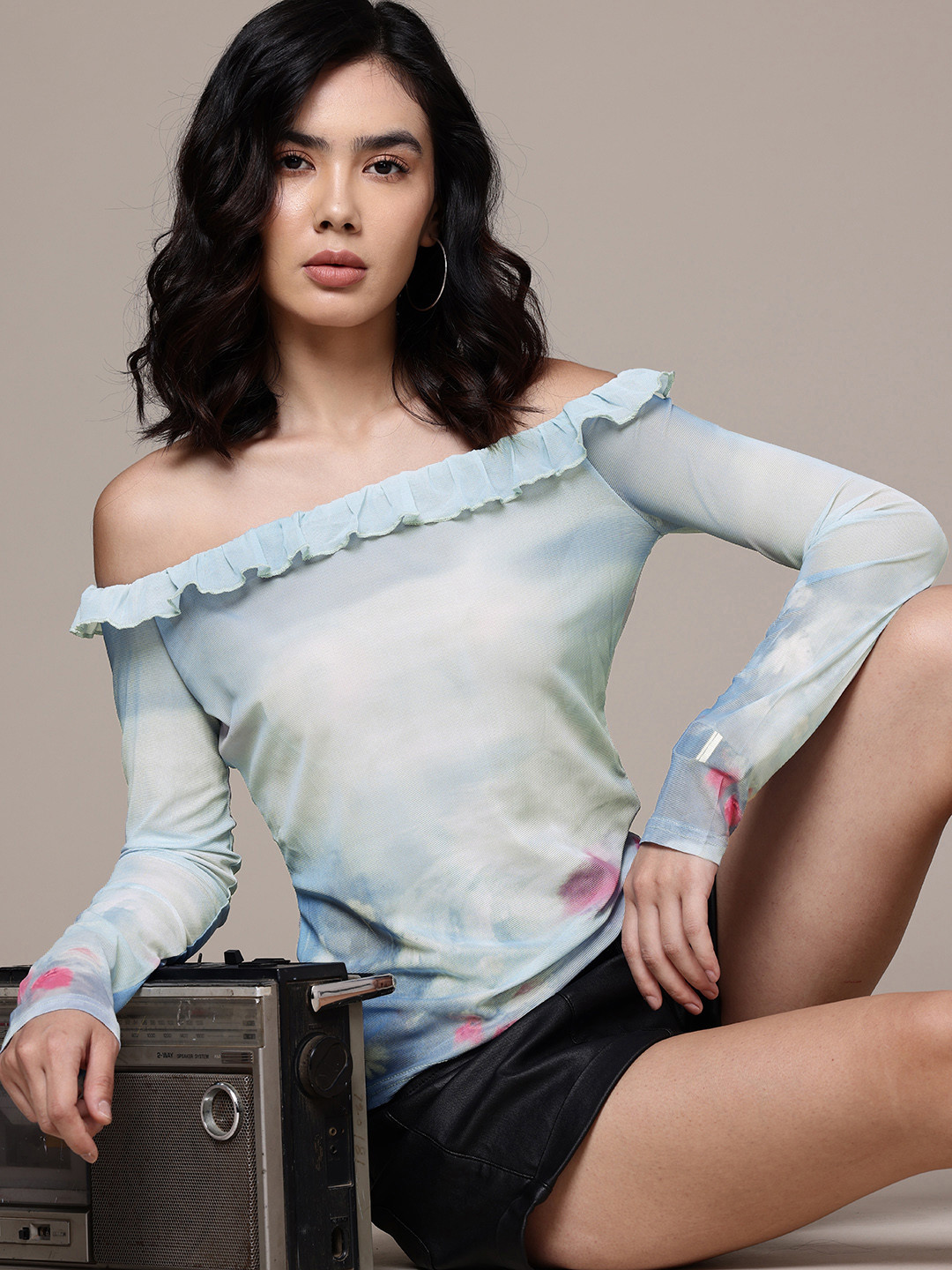 The Roadster Life Co. Abstract Printed Off-Shoulder Ruffles Net Top