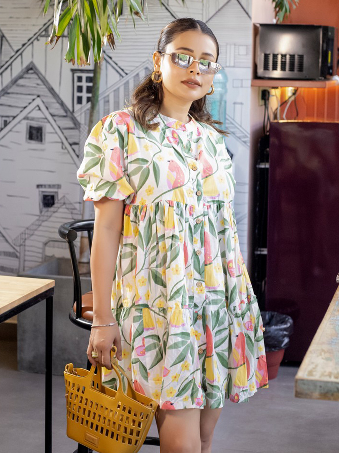 MASU LIVING Women Conversational Printed Pure Cotton Shirt Mini Dress