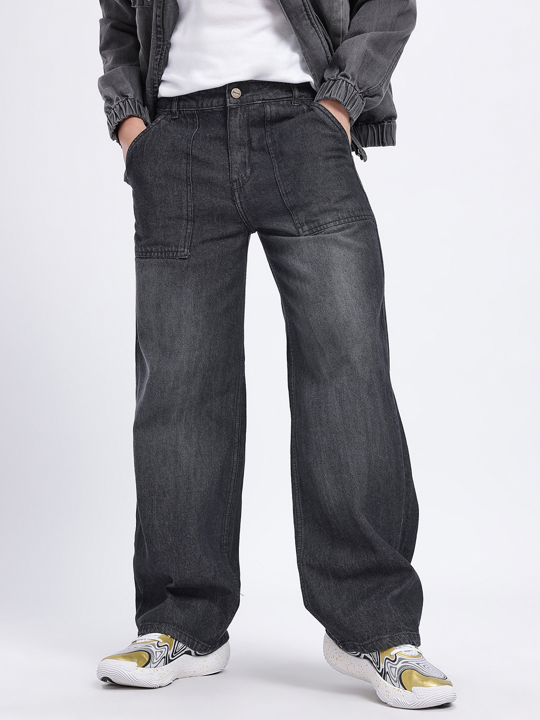 glitchez Men Washed Wide Leg Baggy Jeans