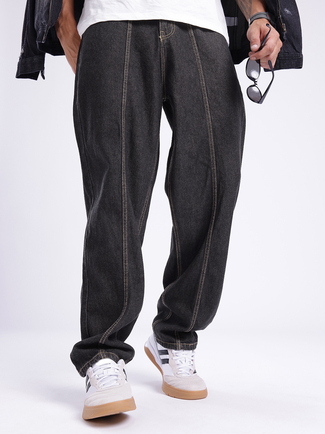 glitchez Men Skater Light Fade Panelled Jeans