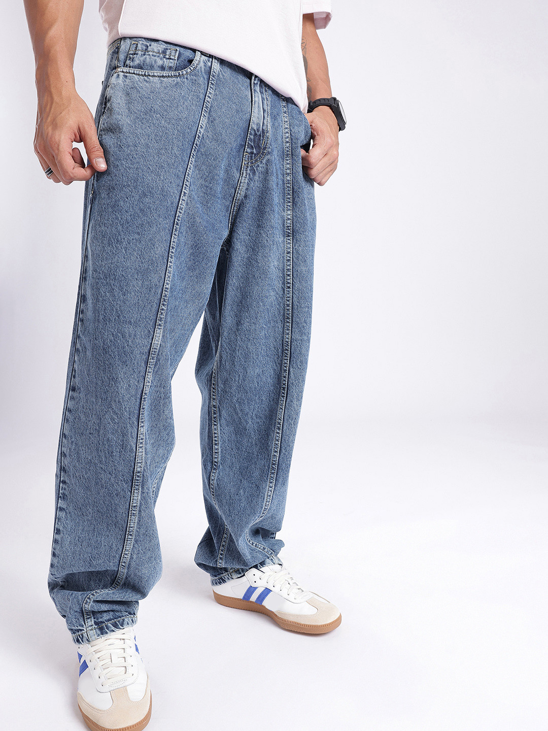 glitchez Men Skater Fit Light Fade Panelling Jeans