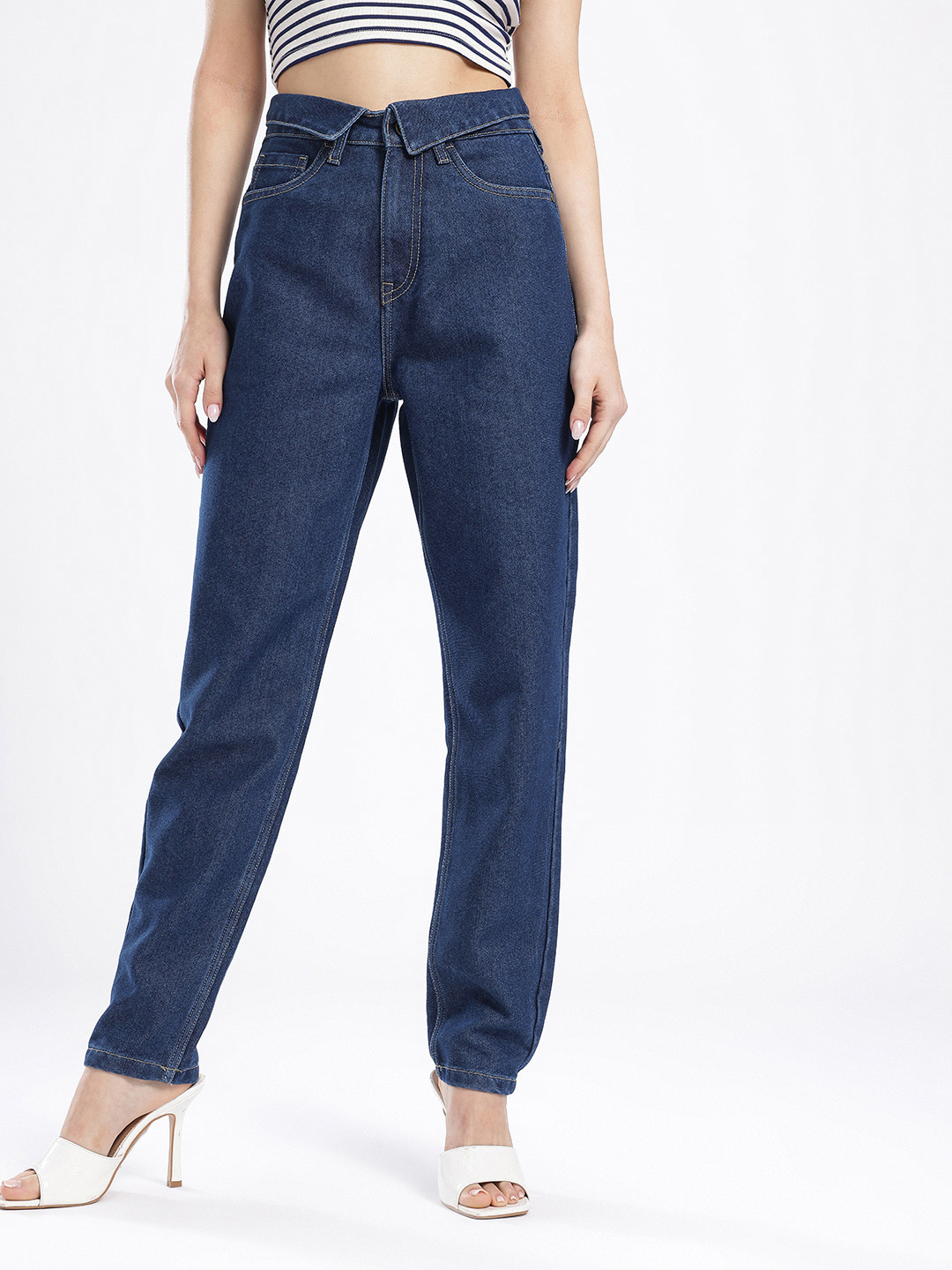 glitchez Women Fold Down Waist Mom Fit High-Rise Stretchable Jeans