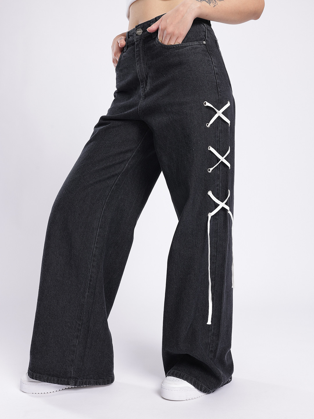 glitchez Women Baggy Wide Leg High-Rise Jeans With Fisheye Studs Tie Up