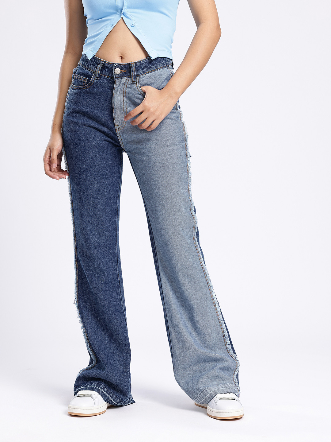 glitchez Women Slim Flared Fit High-Rise Colourblocked Frayed Jeans With Raw Edges
