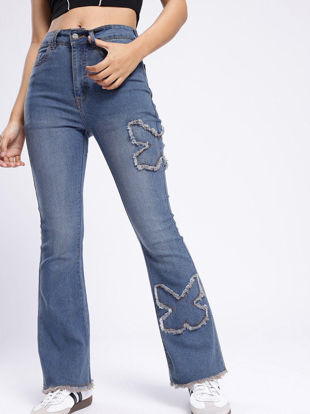glitchez Women Skinny Flared Fit High-Rise Faded Applique Frayed Jeans