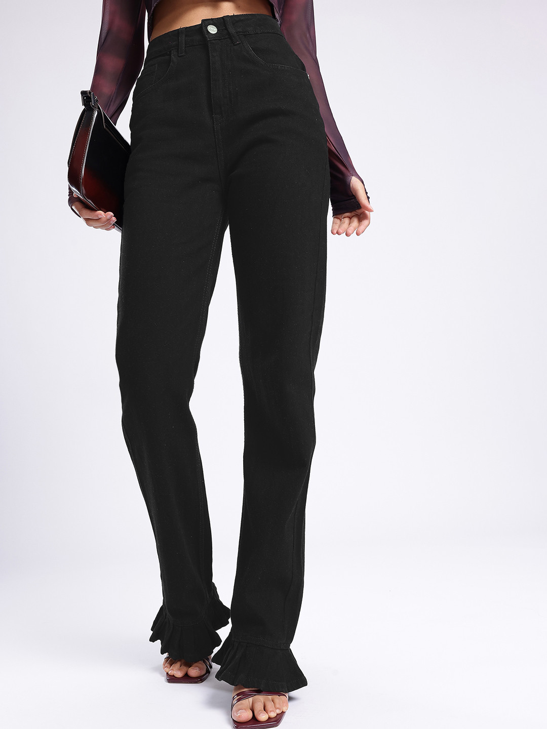 glitchez Women Pure Cotton Straight Fit High-Rise Jeans With Frills Hem