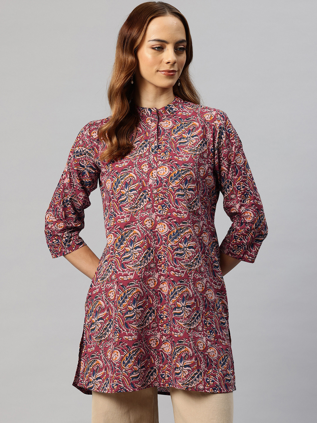 One Femme Kalamkari Printed Mandarin Collar Ethnic Tunic