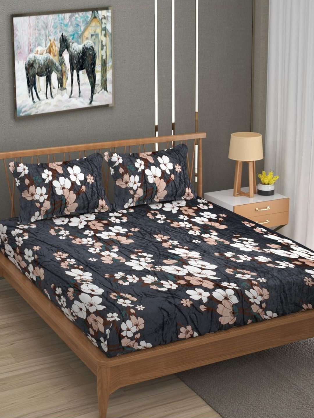 INDHOME LIFE Grey Floral Wool 220 TC Fitted King Fine Bedsheet with 2 Pillow Covers-228 x 254 cm
