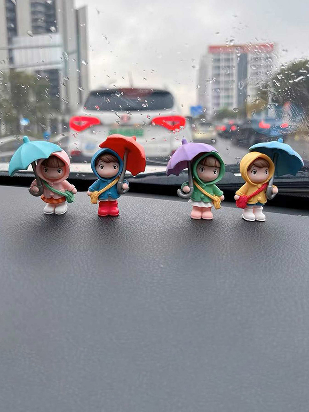 Spiaty Cute Umbrella Girl Small Ornaments Blue Polyresin Glossy Living Room Set of 4 Small Showpieces - 2.4 Inches