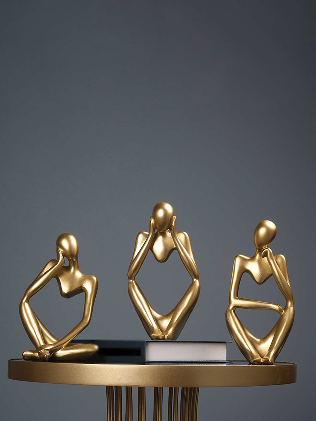 Spiaty Men Statue Modern Art Abstract Sitting Gold Polyresin Glossy Home Office Set of 3 Small Showpieces - 4.9 Inches