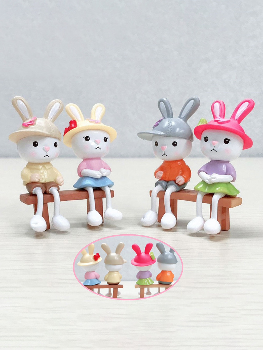 Spiaty Long-Legged Bunny White Polyresin Glossy Living Room Set of 4 Small Showpieces - 2.8 Inches