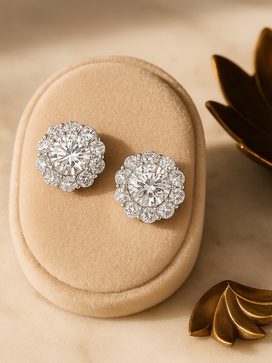 Nipura 925 Sterling Silver Rhodium-Plated CZ Studded Halo Contemporary Studs Earrings