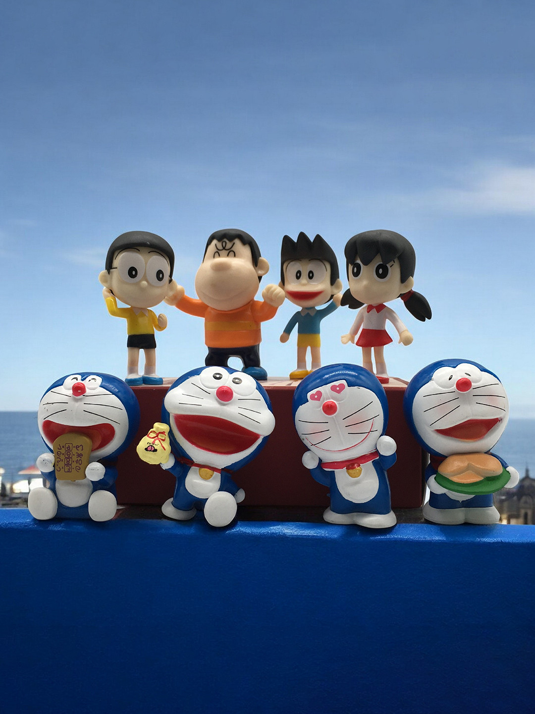 Spiaty Doraemon Team Figurine White Polyresin Glossy Kid Room Set of 8 Small Showpieces - 2.8 Inches