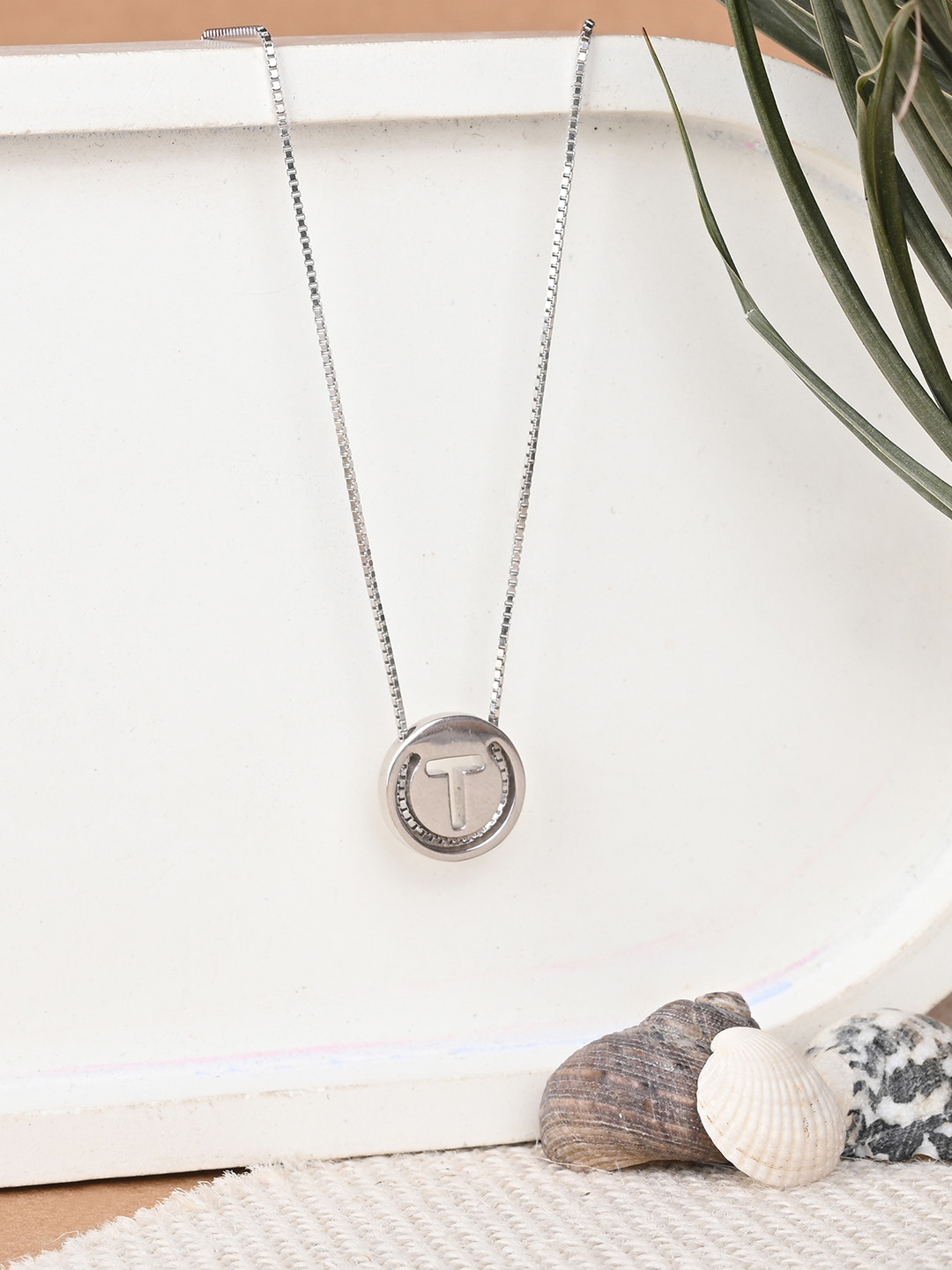 TOUCH925 925 Silver Circular Initial T Minimal Chain