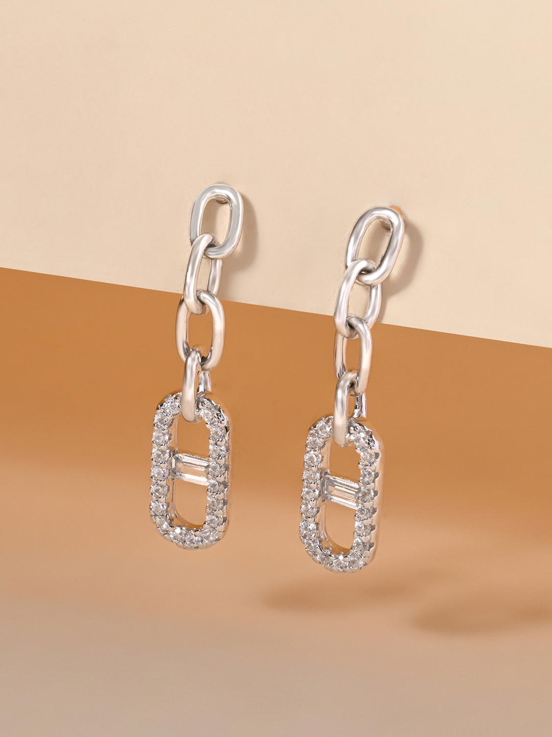 TOUCH925 925 Silver Contemporary Interlinked Cubic Zirconia Drop Earrings