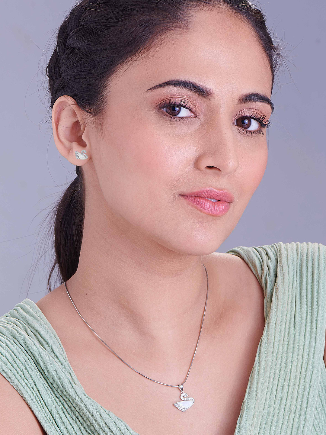 Nipura 925 Sterling Silver Rhodium-Plated CZ Studded Dance of Swan Pendant and Earrings