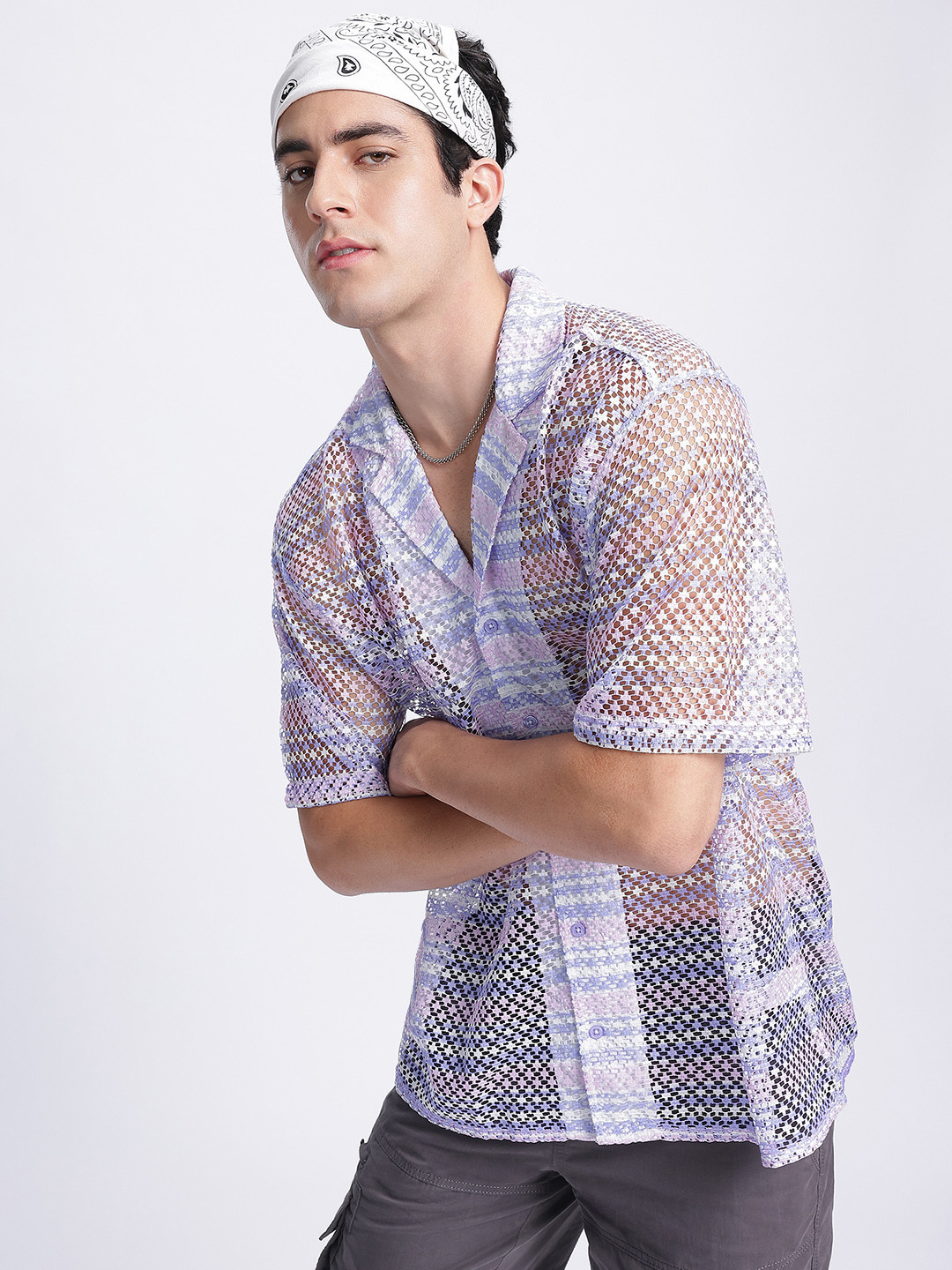 glitchez Cut-Out Horizonal Self-Striped Sheer Shirt