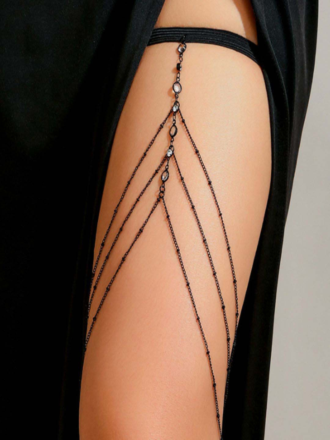 AQUASTREET Black Rhinestone Studded Multi Layered Thigh Leg Chain