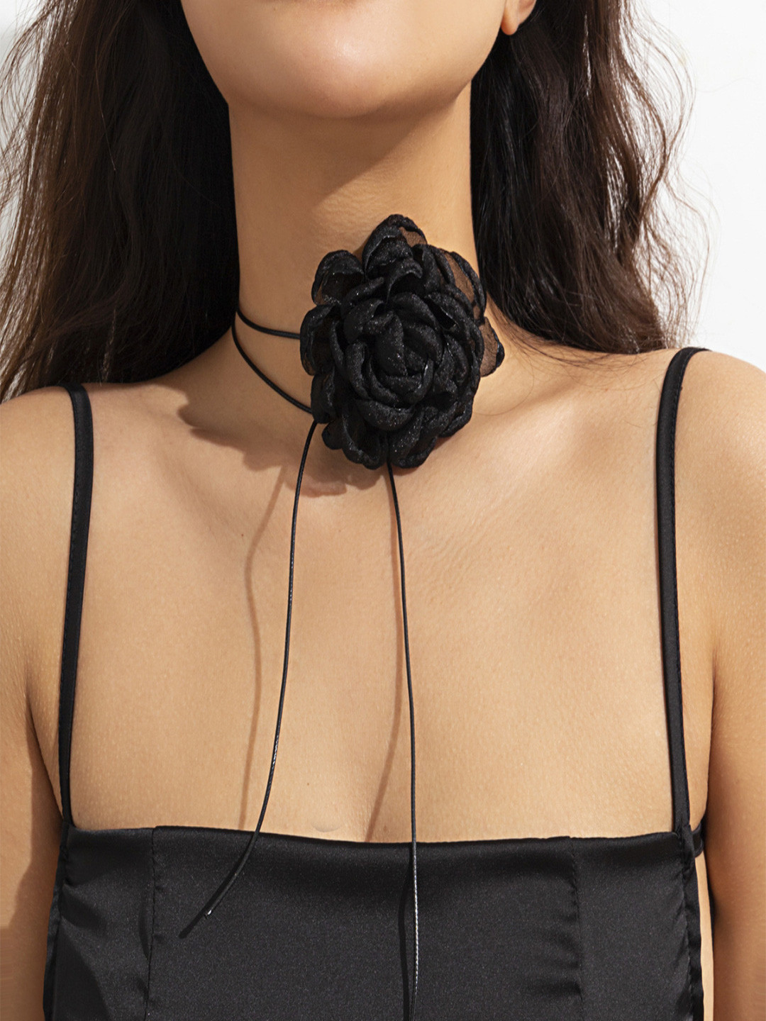 AQUASTREET Black Mesh Floral Wrap around String Choker Necklace