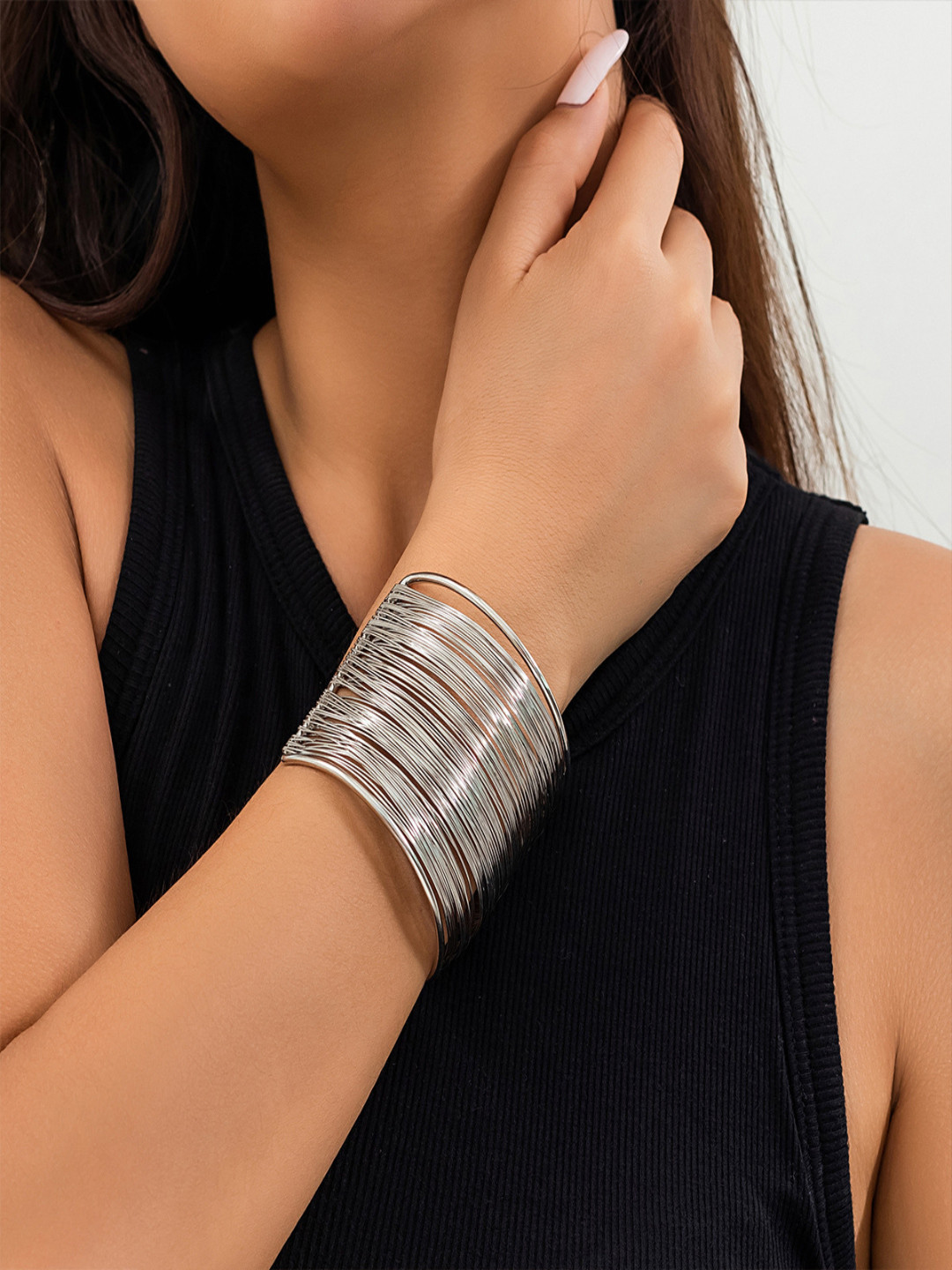 AQUASTREET Chunky Silver Bangle Stack Coil Wire Cuff Bracelet