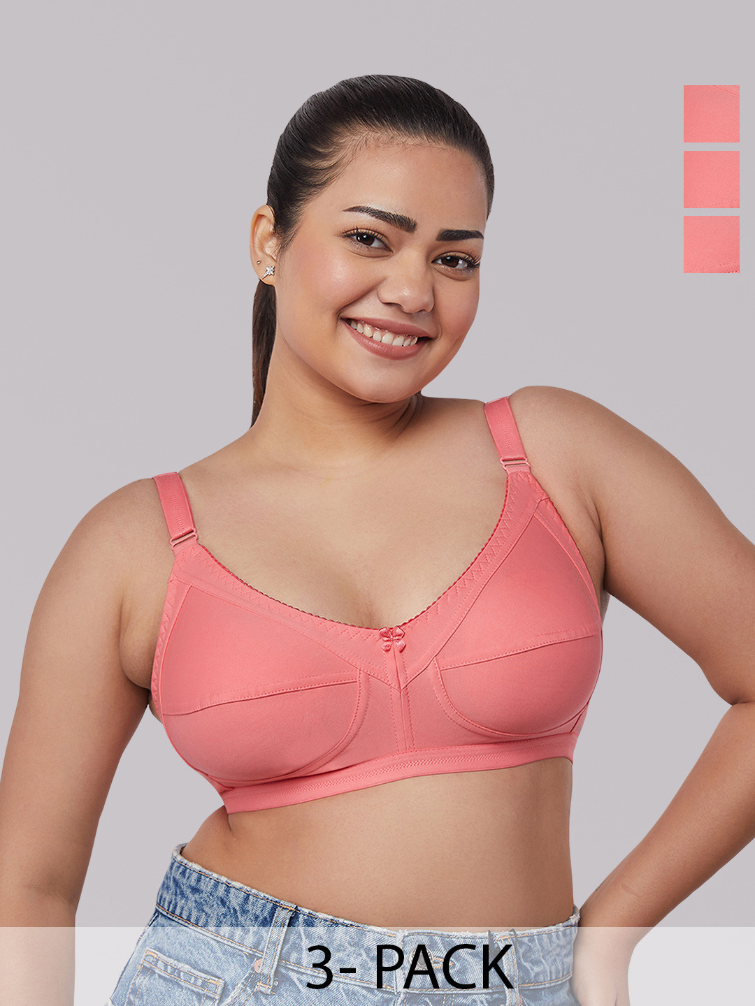 MAASHIE M307 Pack of 3 Non Padded Everyday Minimizer Bra HPNK-HPNK-HPNK