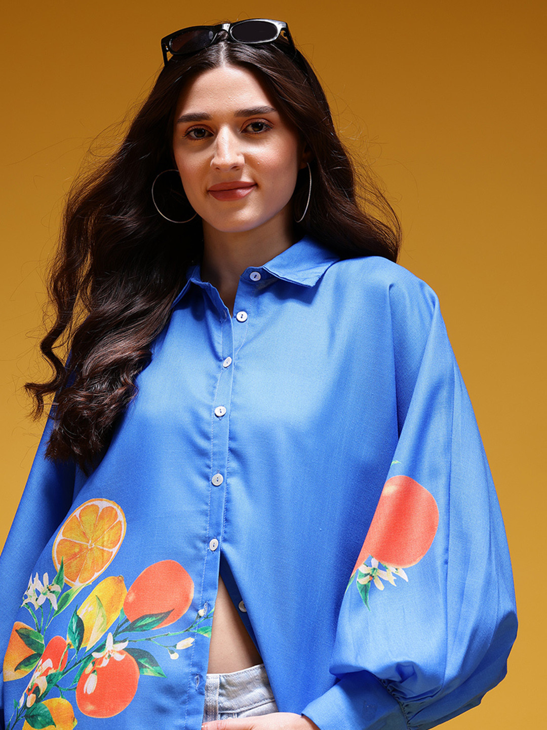 HERE&NOW Fruit Placement Printed Puff Sleeves Opaque Casual Shirt