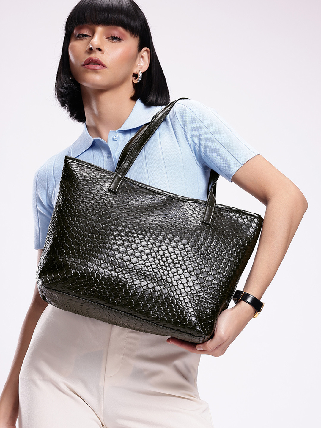 Mast & Harbour Women Black Woven Office Tote Bag
