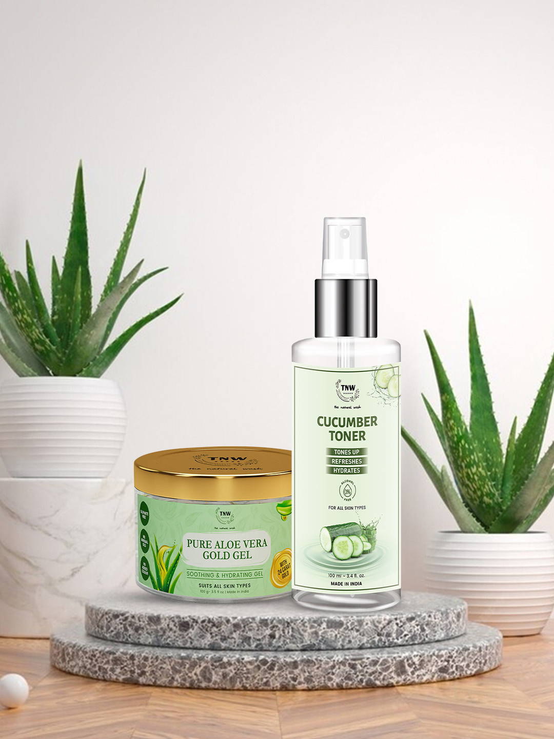TNW the natural wash Set of Pure Aloe Vera Gold Gel - 100g & Cucumber Toner - 100ml