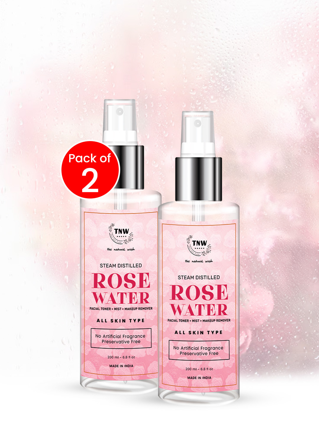 TNW the natural wash 2-Pc Steam Distilled Rose Water Toner & Make Up Remover - 200 ml each