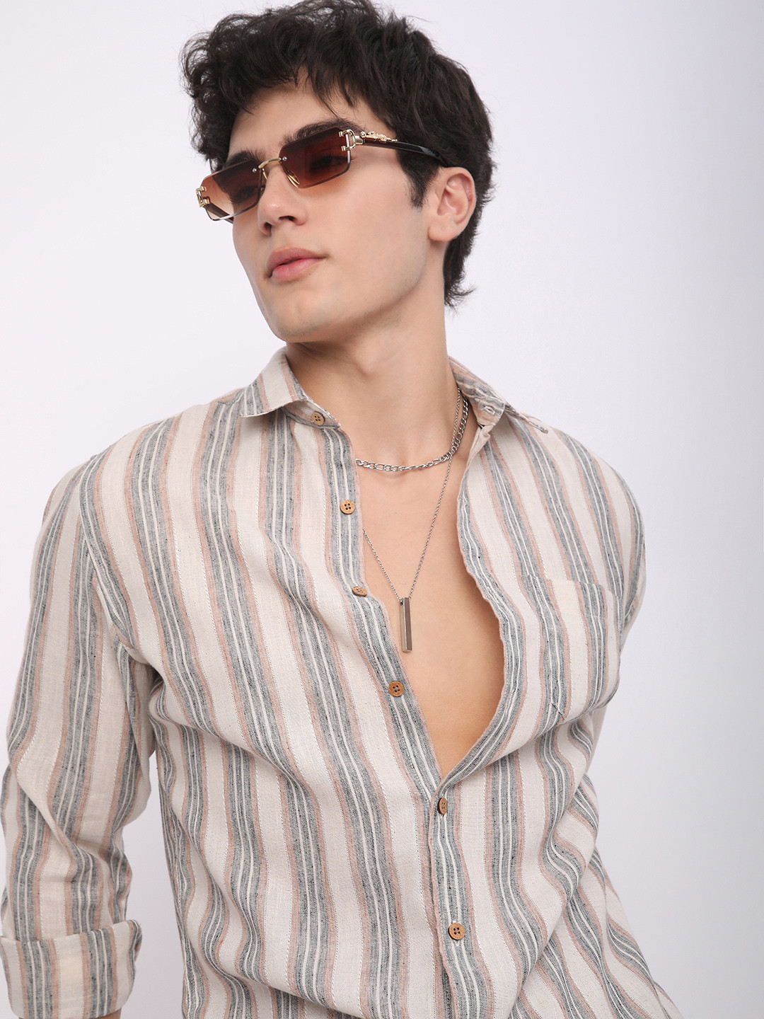 VASTRADO Ticking Stripes Cotton Long Sleeves Slim Fit Shirt