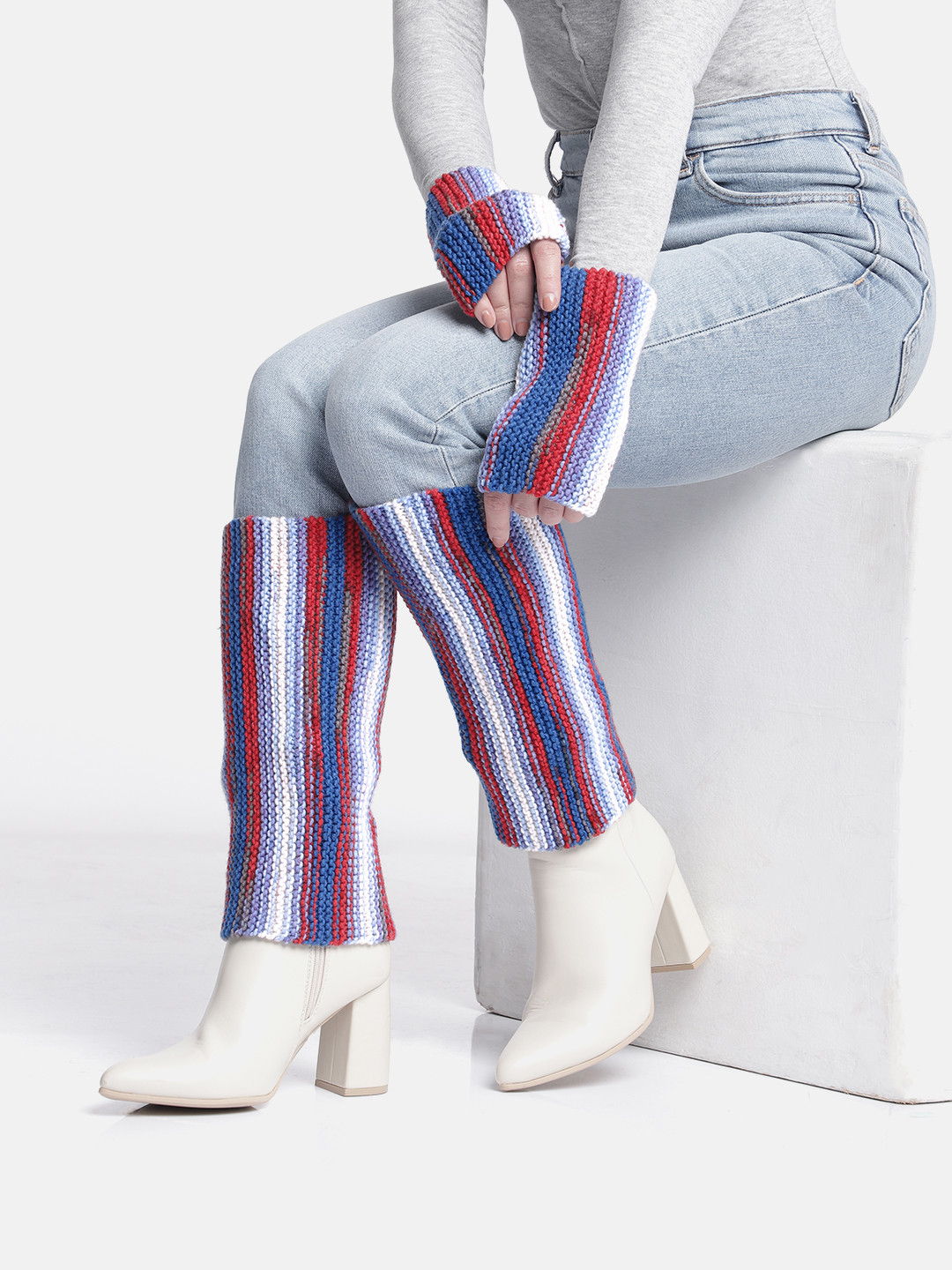 Magic Needles Unisex Striped Acrylic Winter Gloves & Legwarmers
