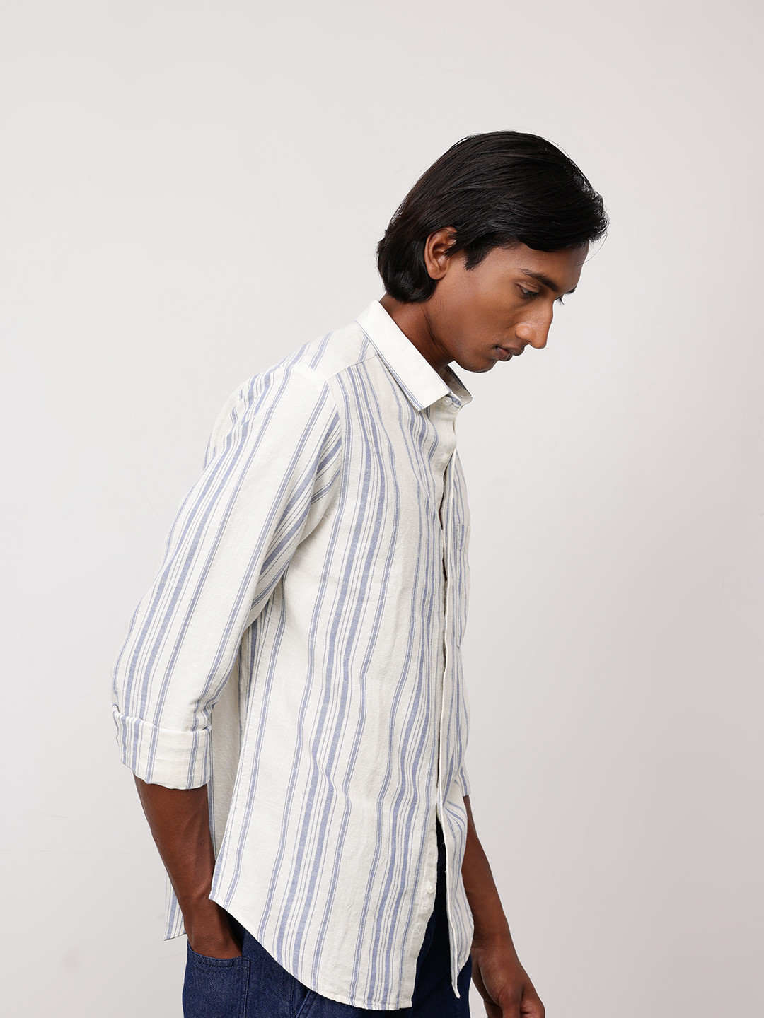 ether Men Classic FitCotton Linen Striped Casual Shirt