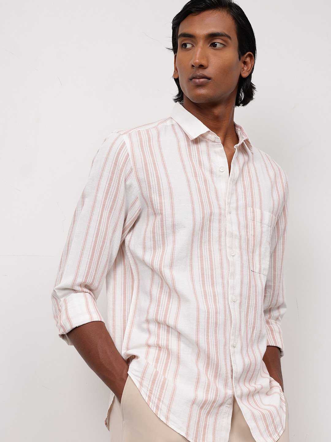 ether Men Classic Fit Cotton Linen Striped Shirt