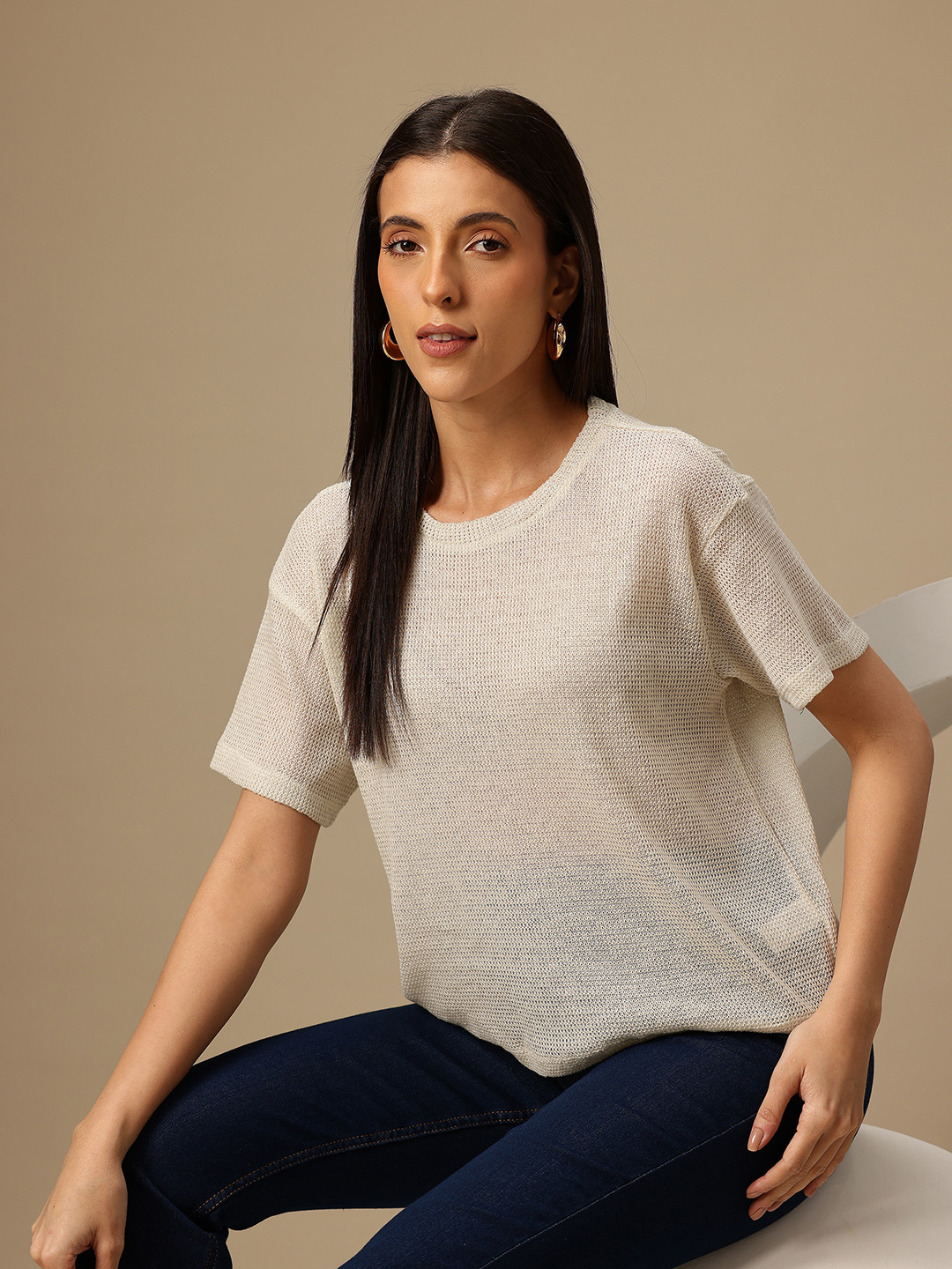 Chemistry Women Lurex Finish Drop-Shoulder Sleeves Relaxed Fit Knitted T-shirt