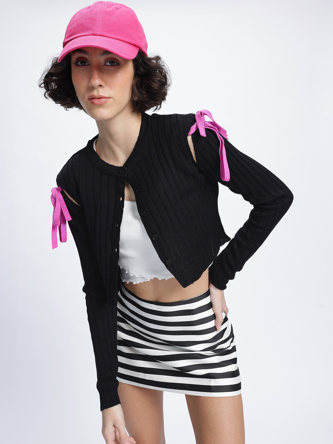 glitchez Knot Ribbed Acrylic Crop Cardigan