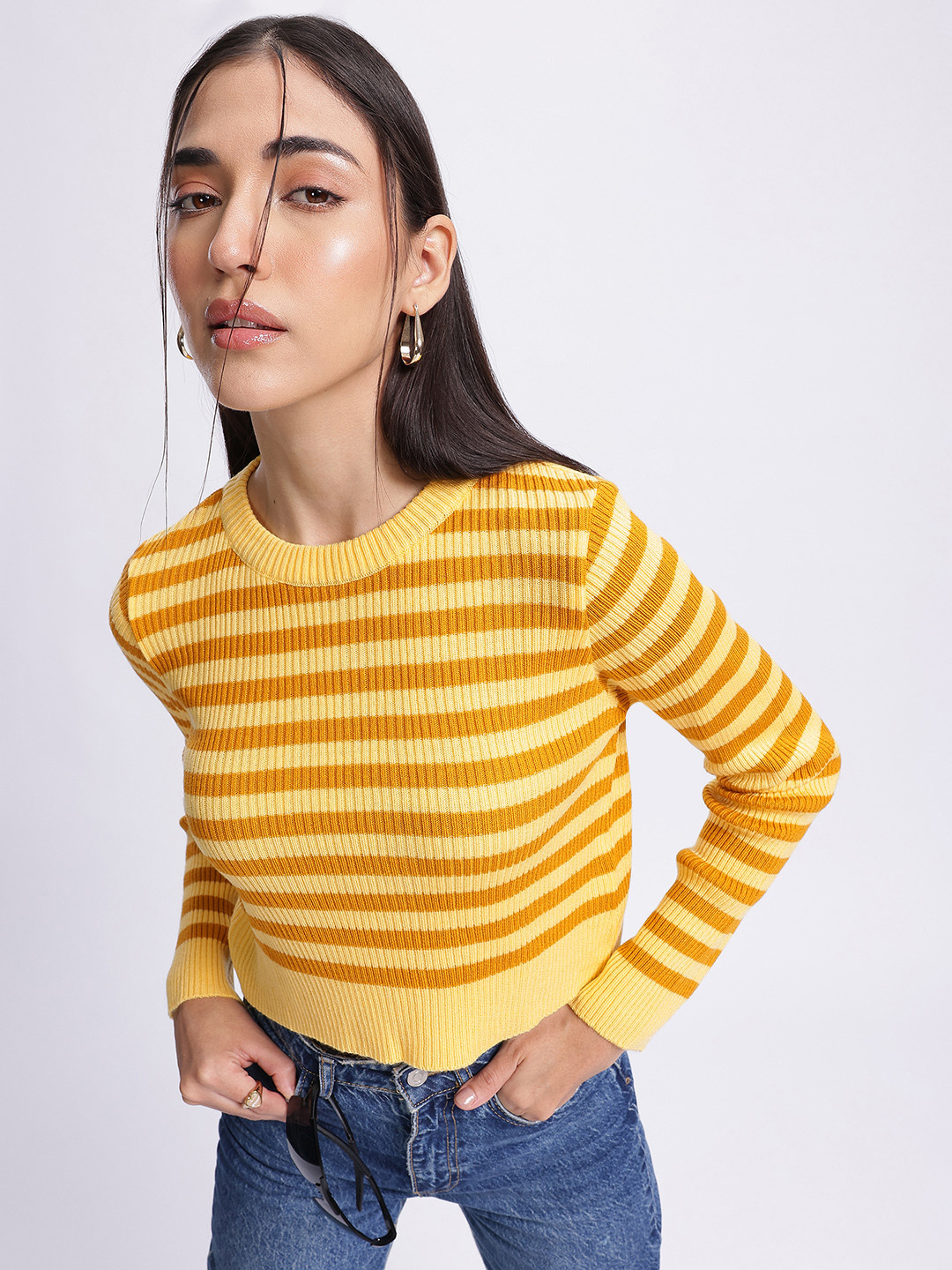 glitchez Stripe Round Neck Ribbed Pullover