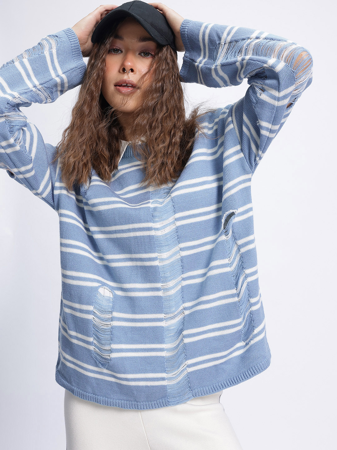 glitchez Distressed Whimsy Striped Sweaters