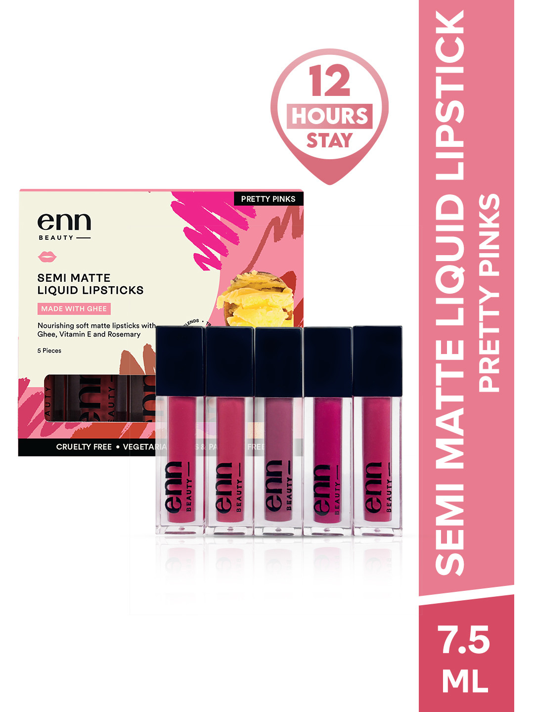ENN Beauty Set Of 5 Semi Matte Lipstick 7.5ml Each - Pretty Pinks