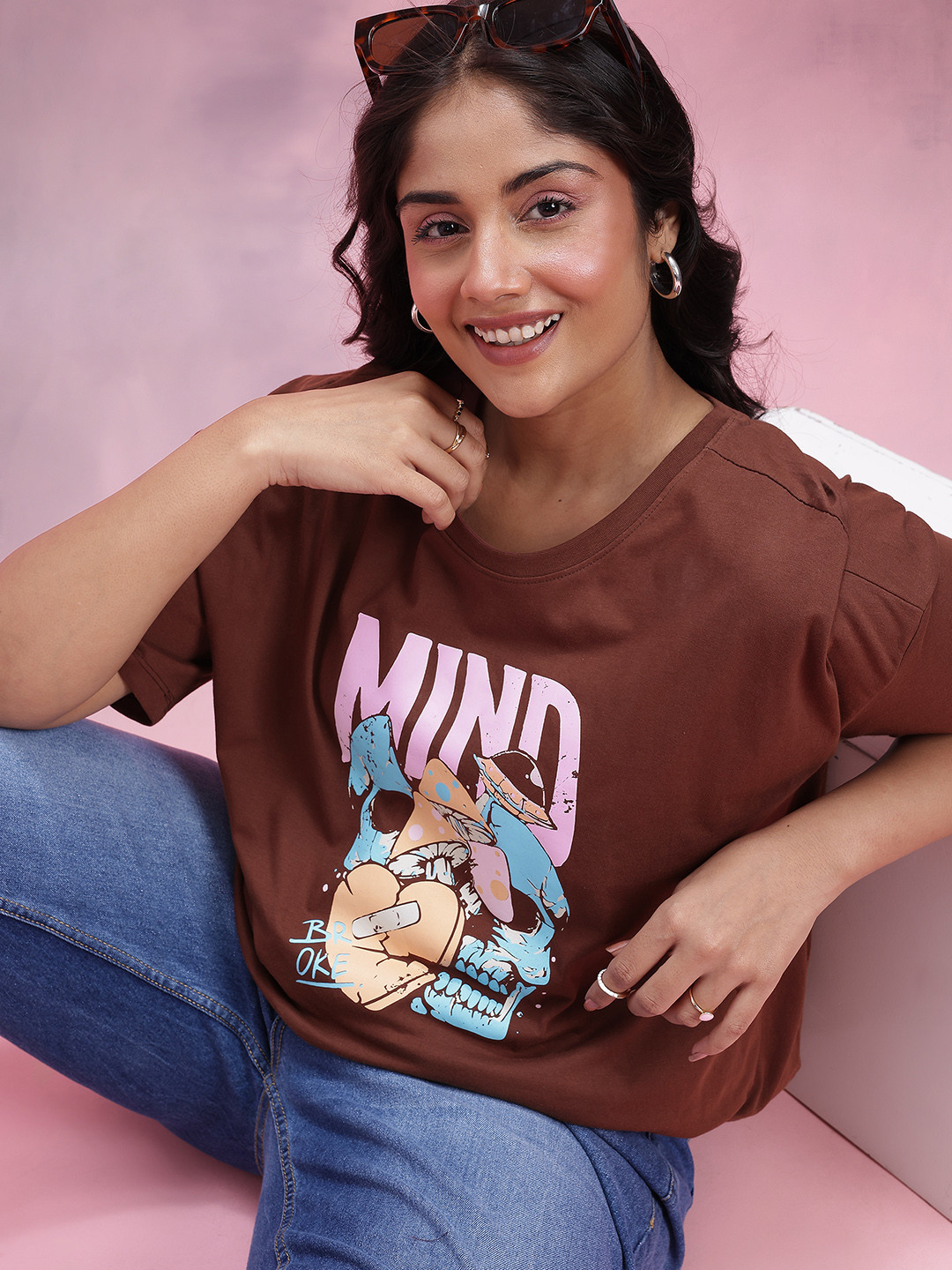 DressBerry Curve Plus Size Graphic Print Drop-Sleeves Pure Cotton Oversized T-shirt