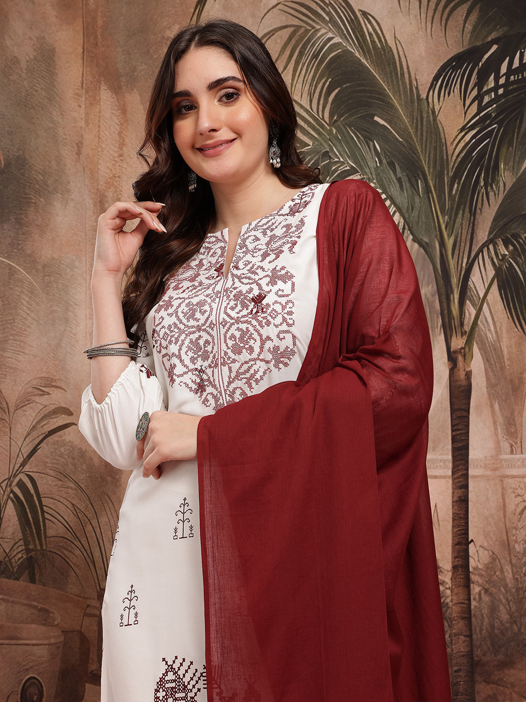 Sangria Tribal Print Kurta with Dhoti Pants & Dupatta