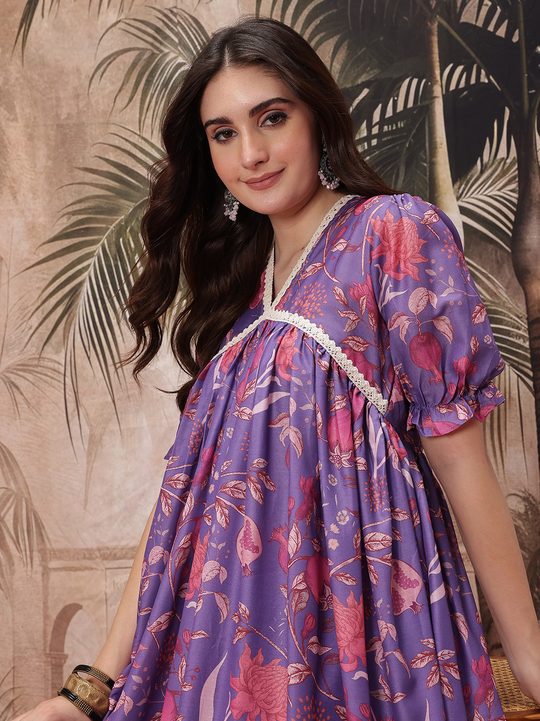 Sangria Floral Print Crochet Detail Kurta with Trousers