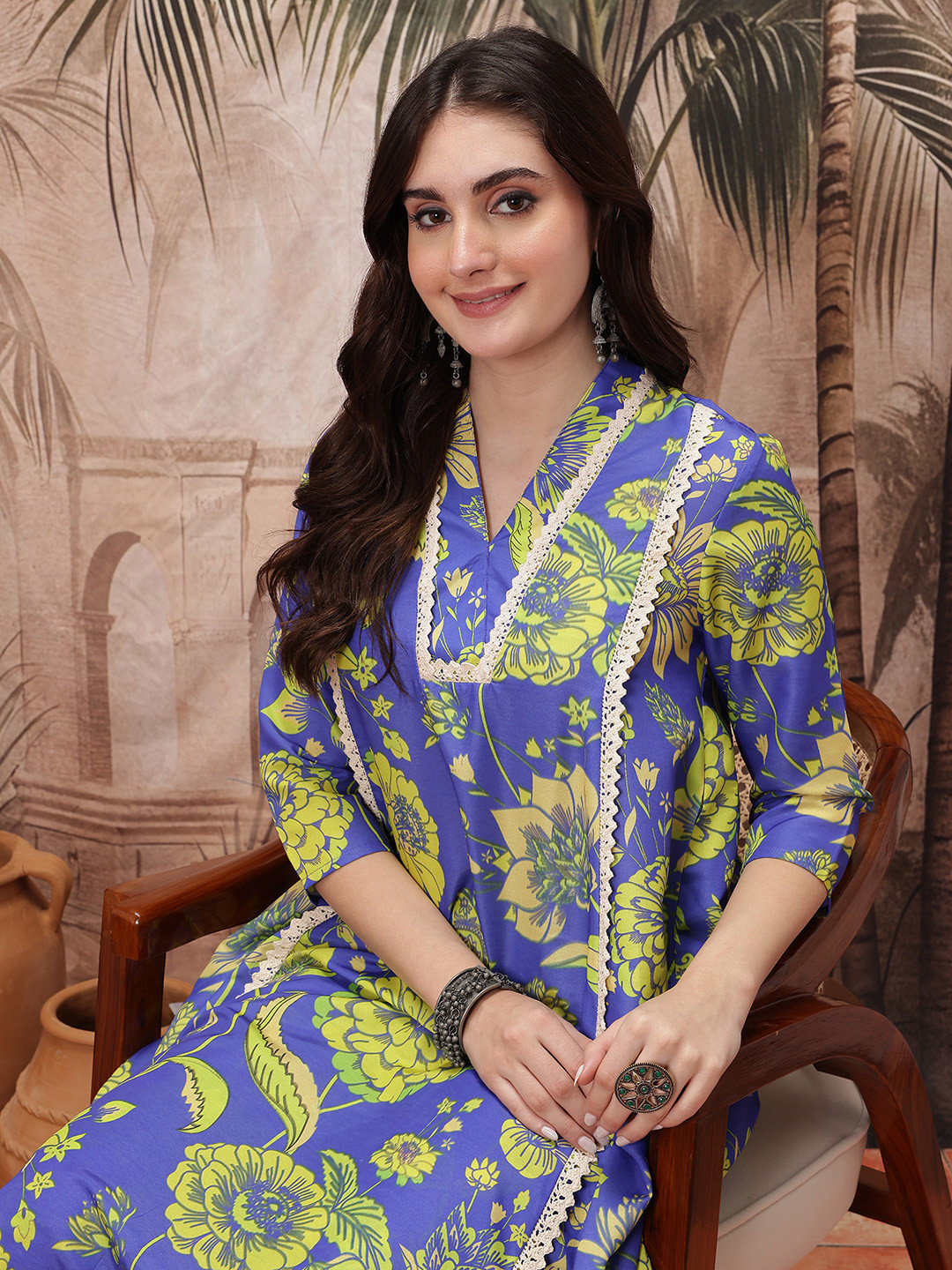 Sangria Floral Print Crochet Detail Kurta with Palazzos